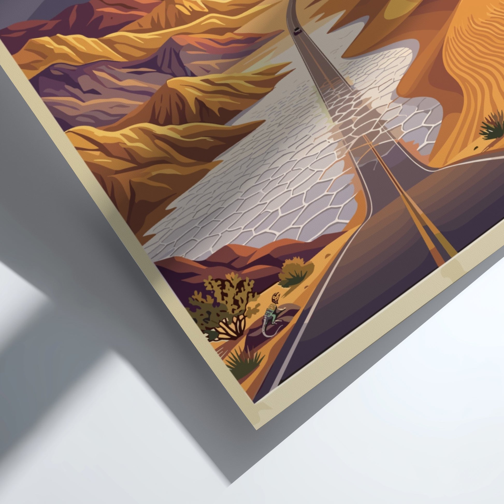 Travel poster of Death Valley National Park featuring a desert road and mountains.