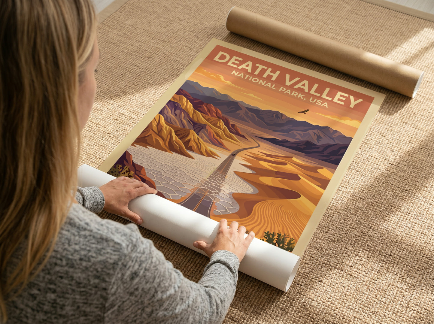 Travel poster of Death Valley National Park featuring a desert road and mountains.