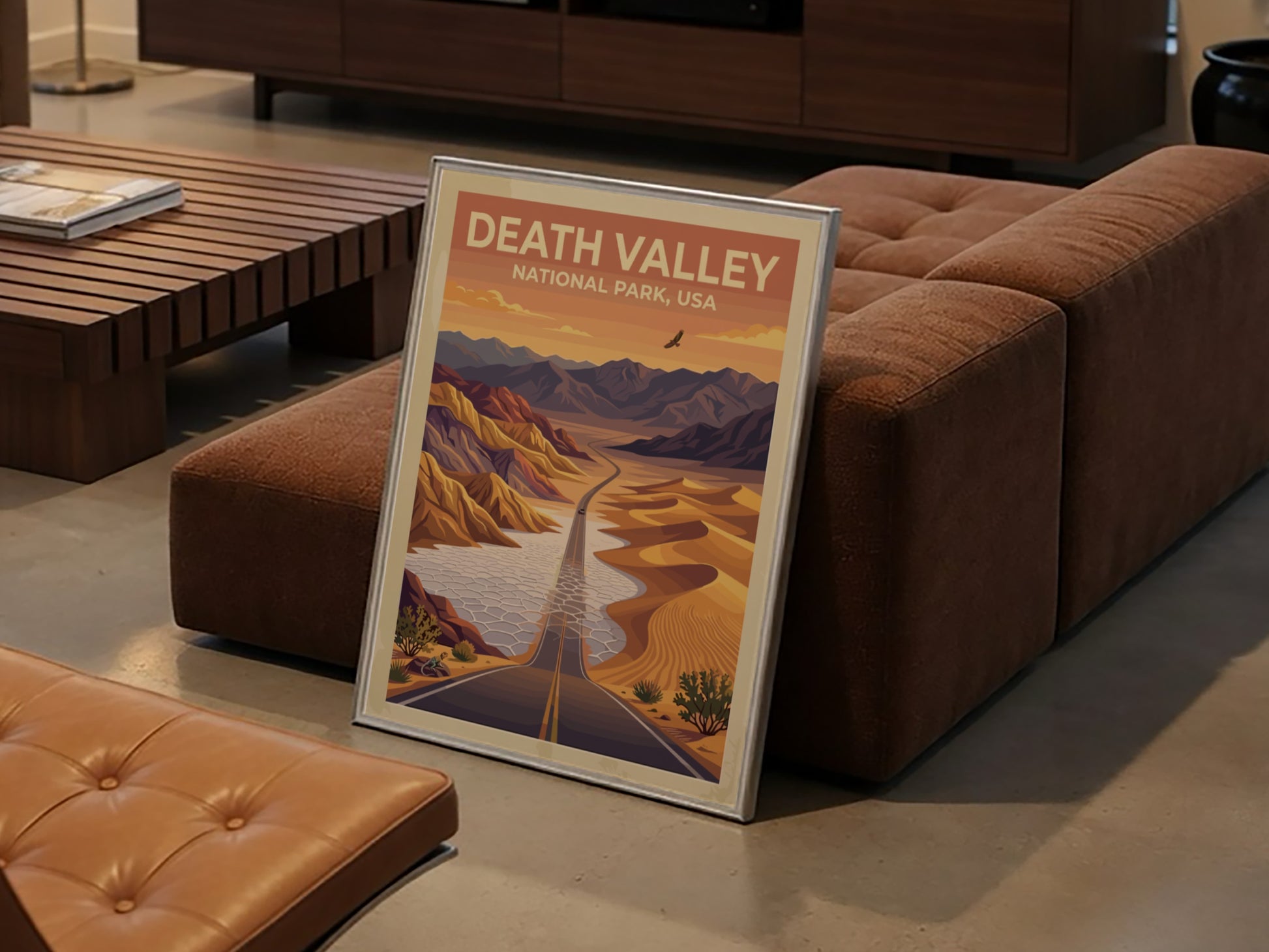 Travel poster of Death Valley National Park featuring a desert road and mountains.