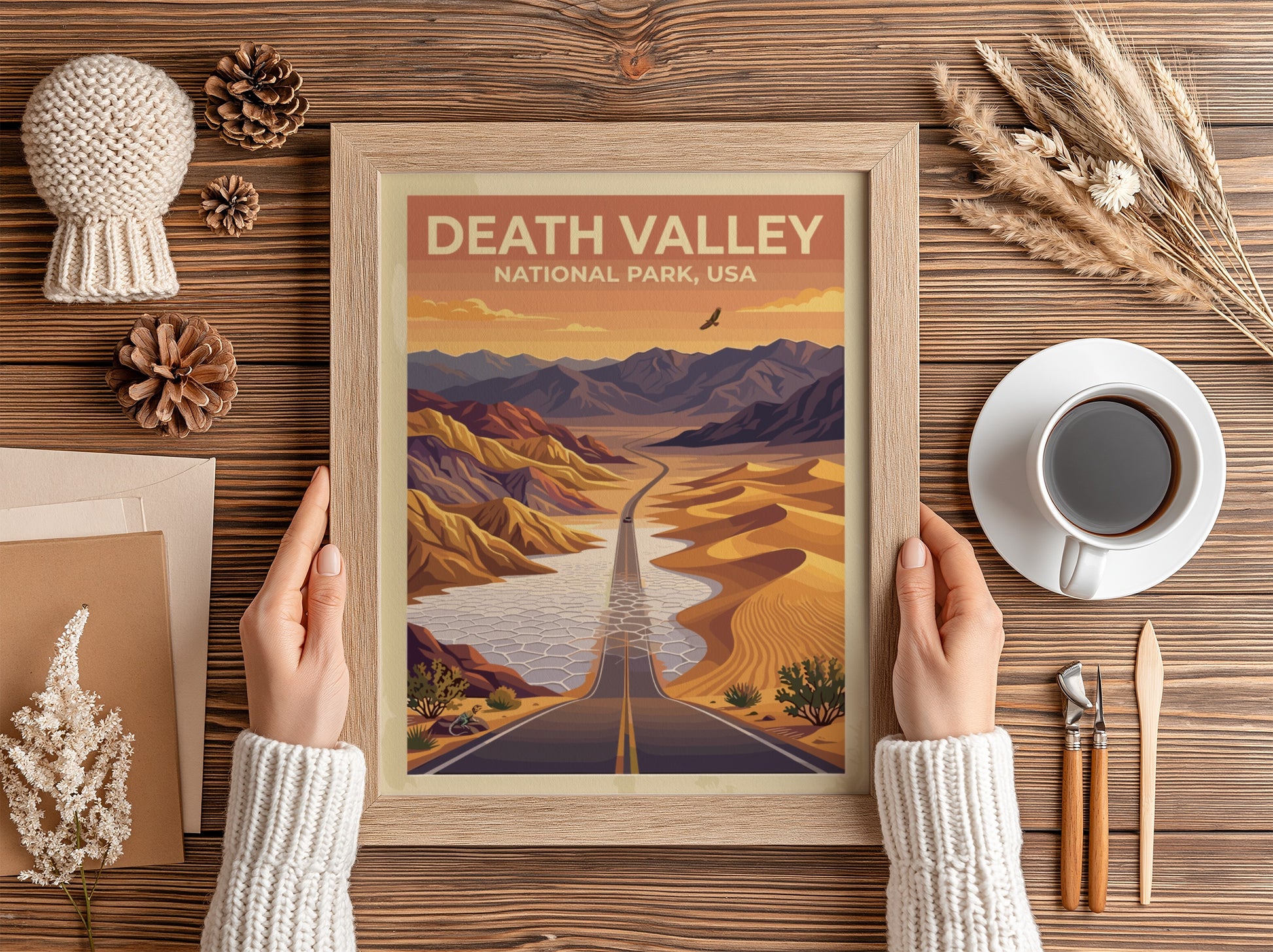 Travel poster of Death Valley National Park featuring a desert road and mountains.
