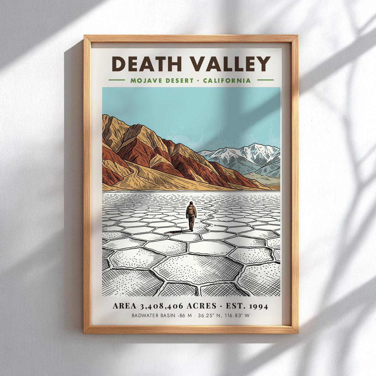 Poster of Death Valley featuring cracked salt flats, desert mountains, and clear blue sky.