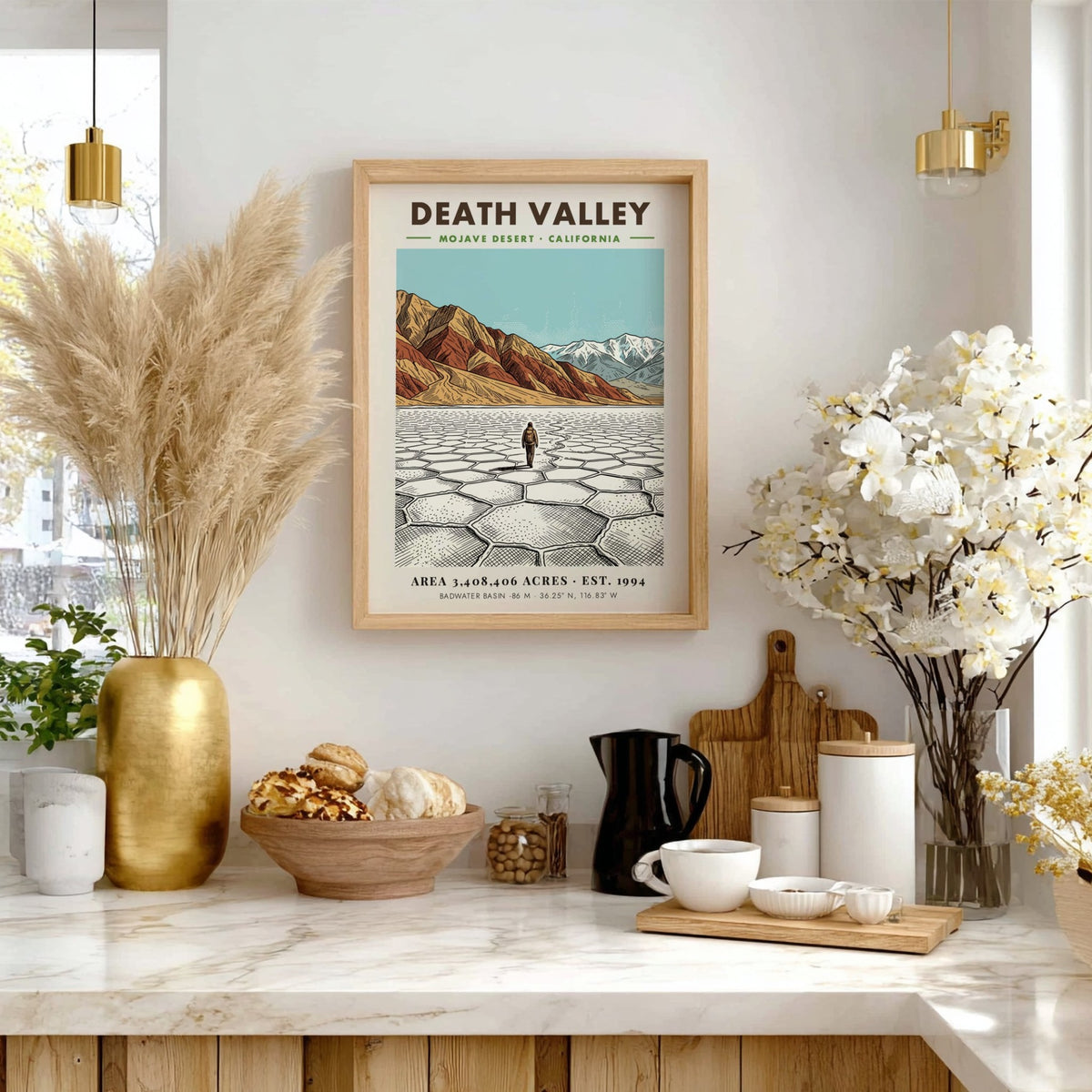 Poster of Death Valley featuring cracked salt flats, desert mountains, and clear blue sky.