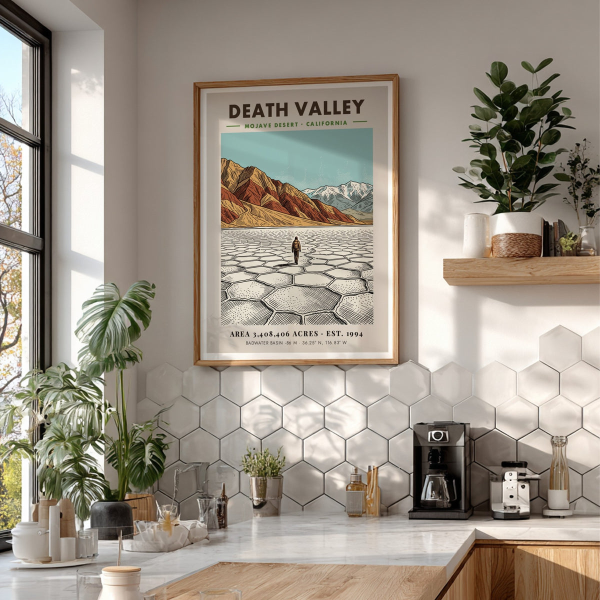 Poster of Death Valley featuring cracked salt flats, desert mountains, and clear blue sky.