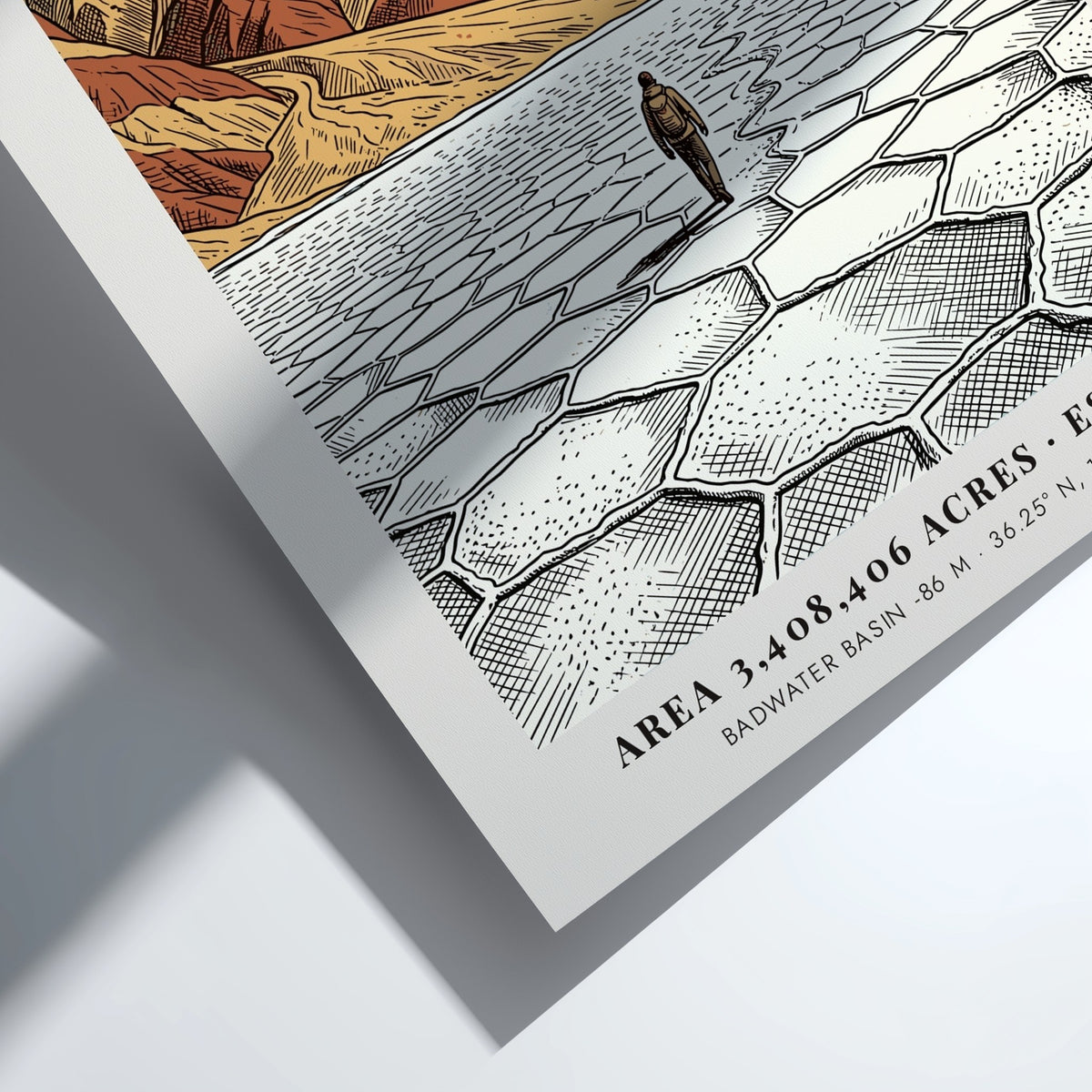 Poster of Death Valley featuring cracked salt flats, desert mountains, and clear blue sky.