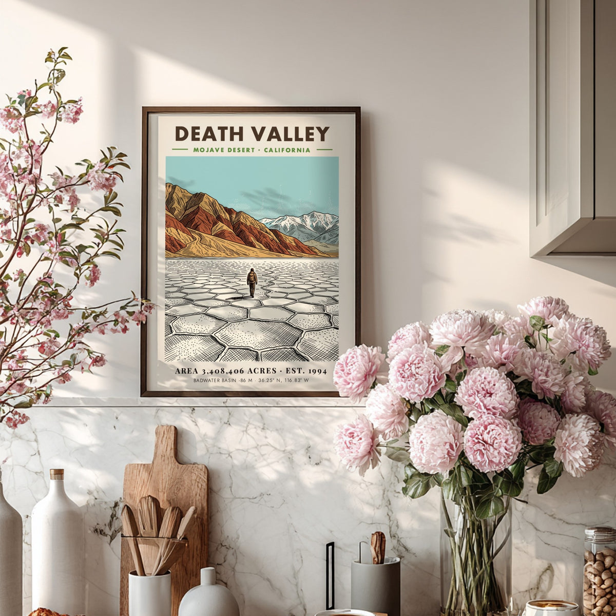 Poster of Death Valley featuring cracked salt flats, desert mountains, and clear blue sky.
