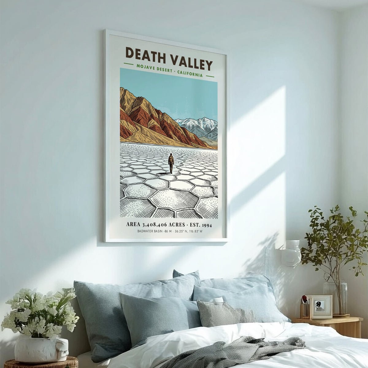 Poster of Death Valley featuring cracked salt flats, desert mountains, and clear blue sky.