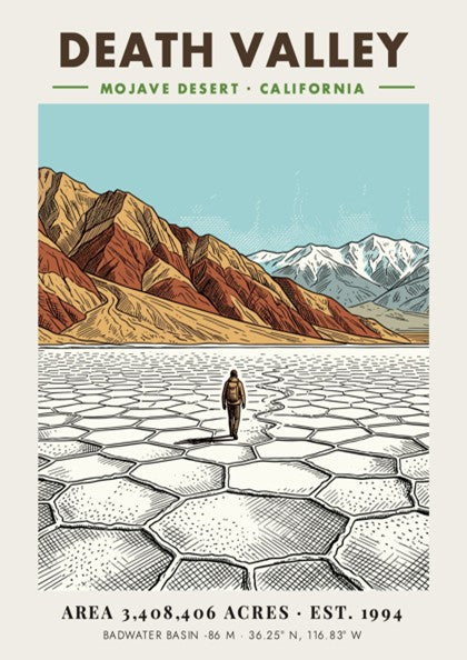 Poster of Death Valley featuring cracked salt flats, desert mountains, and clear blue sky.