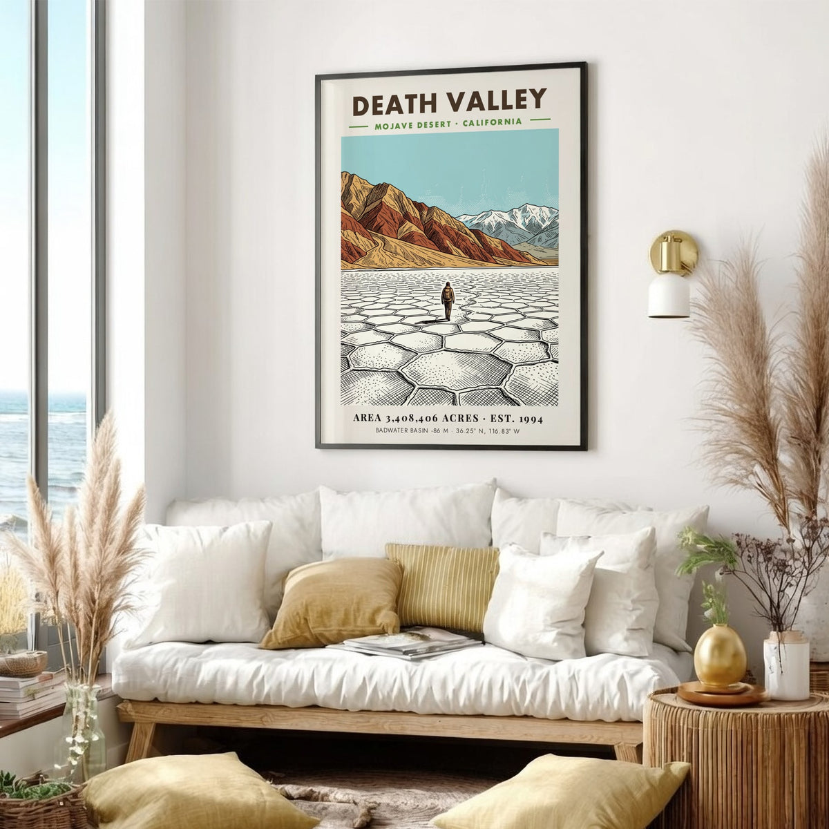 Poster of Death Valley featuring cracked salt flats, desert mountains, and clear blue sky.