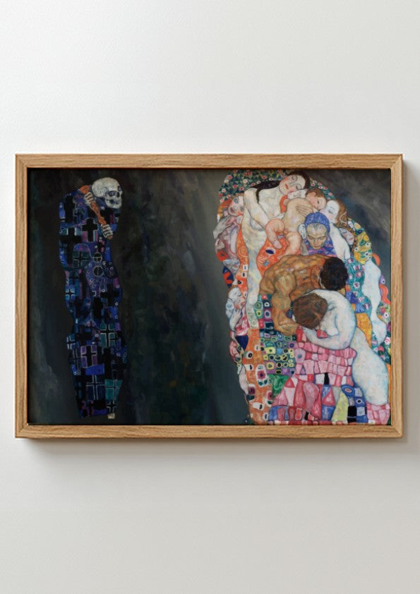 Death and Life poster featuring vibrant expressionist colors and Klimt's intricate style, perfect for wall