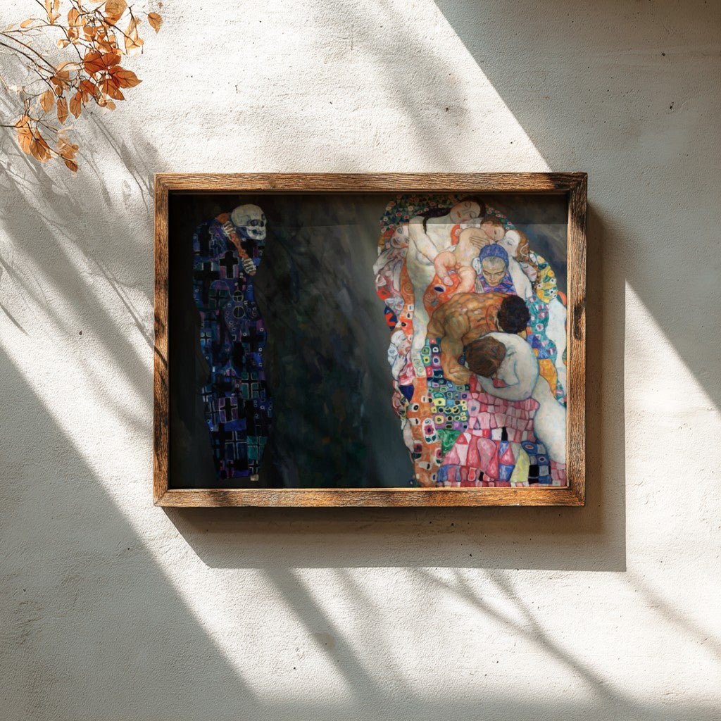 Death and Life poster featuring vibrant expressionist colors and Klimt's intricate style, perfect for wall