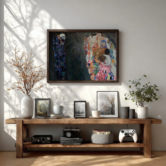 Death and Life poster featuring vibrant expressionist colors and Klimt's intricate style, perfect for wall