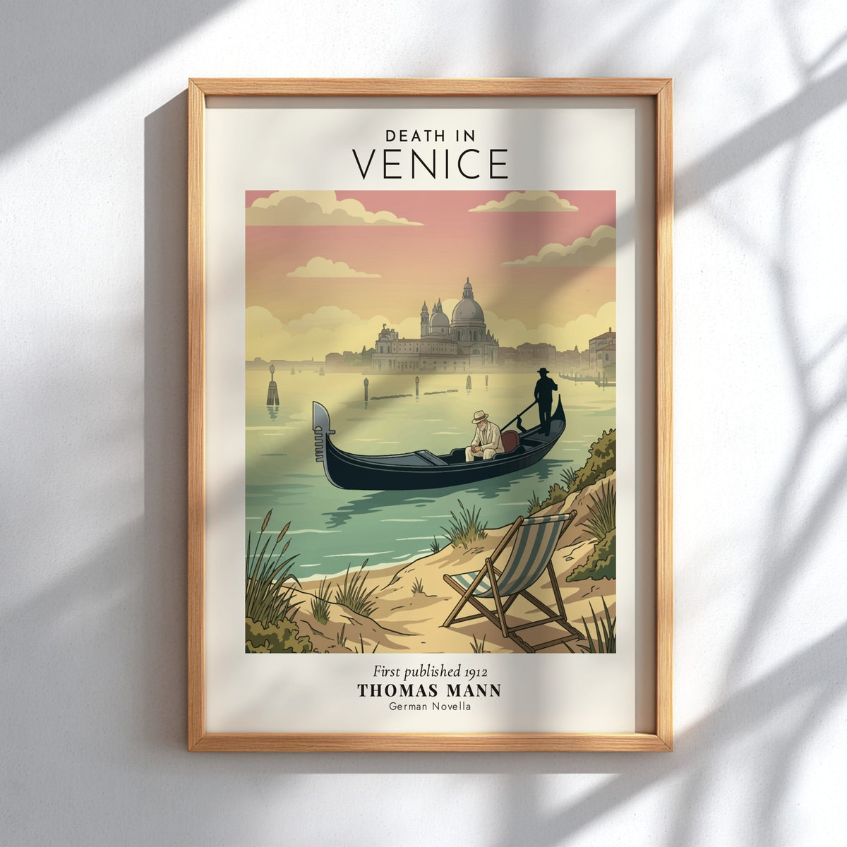Poster featuring a gondola on Venetian water with a beach chair in the foreground