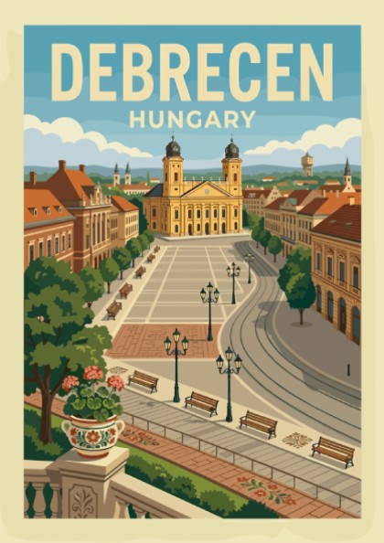Vintage travel poster of Debrecen Square, Hungary, featuring the cathedral and European architecture in a