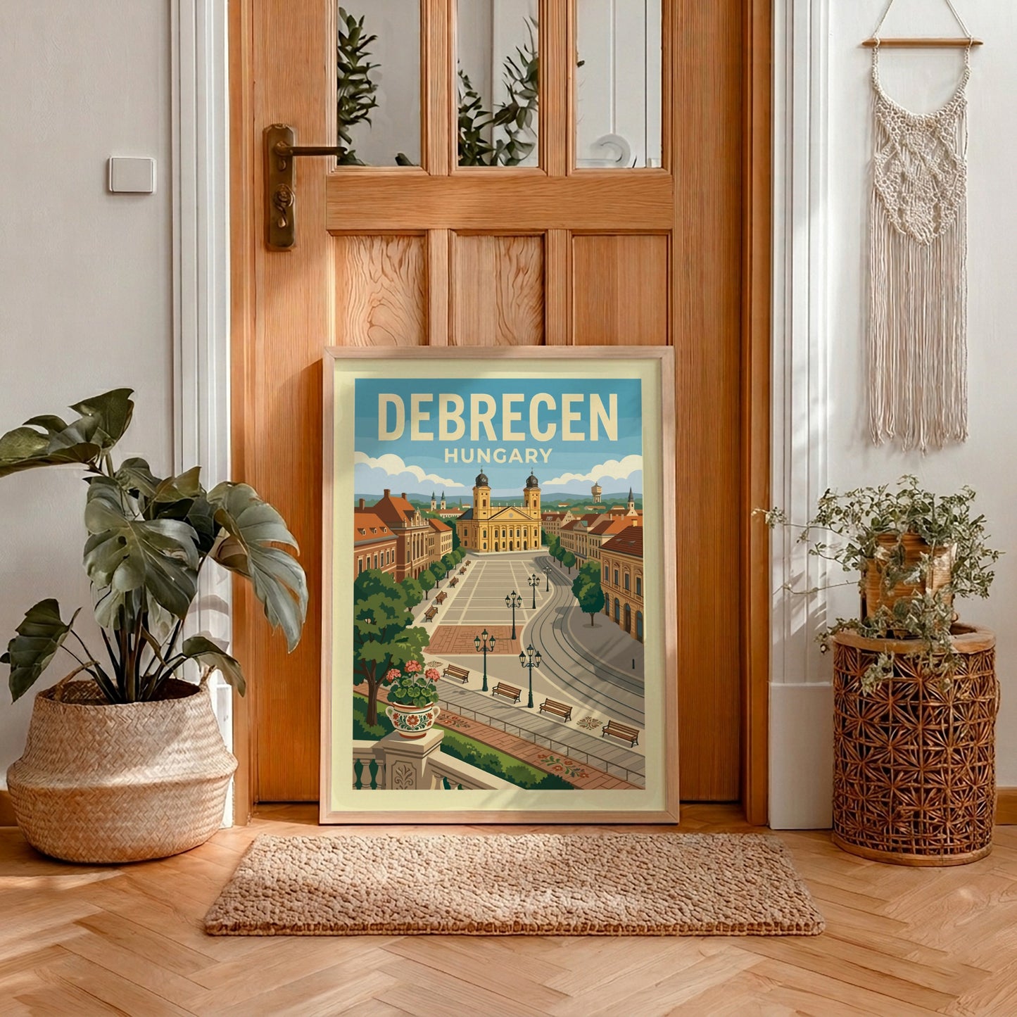 Vintage travel poster of Debrecen Square, Hungary, featuring the cathedral and European architecture in a