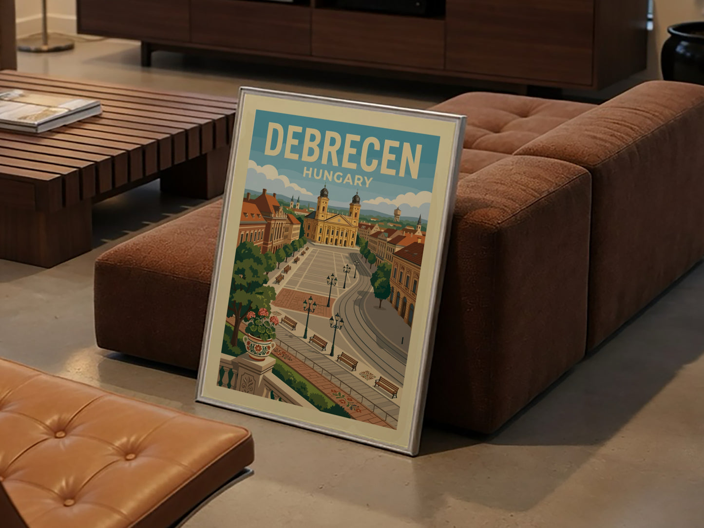 Vintage travel poster of Debrecen Square, Hungary, featuring the cathedral and European architecture in a
