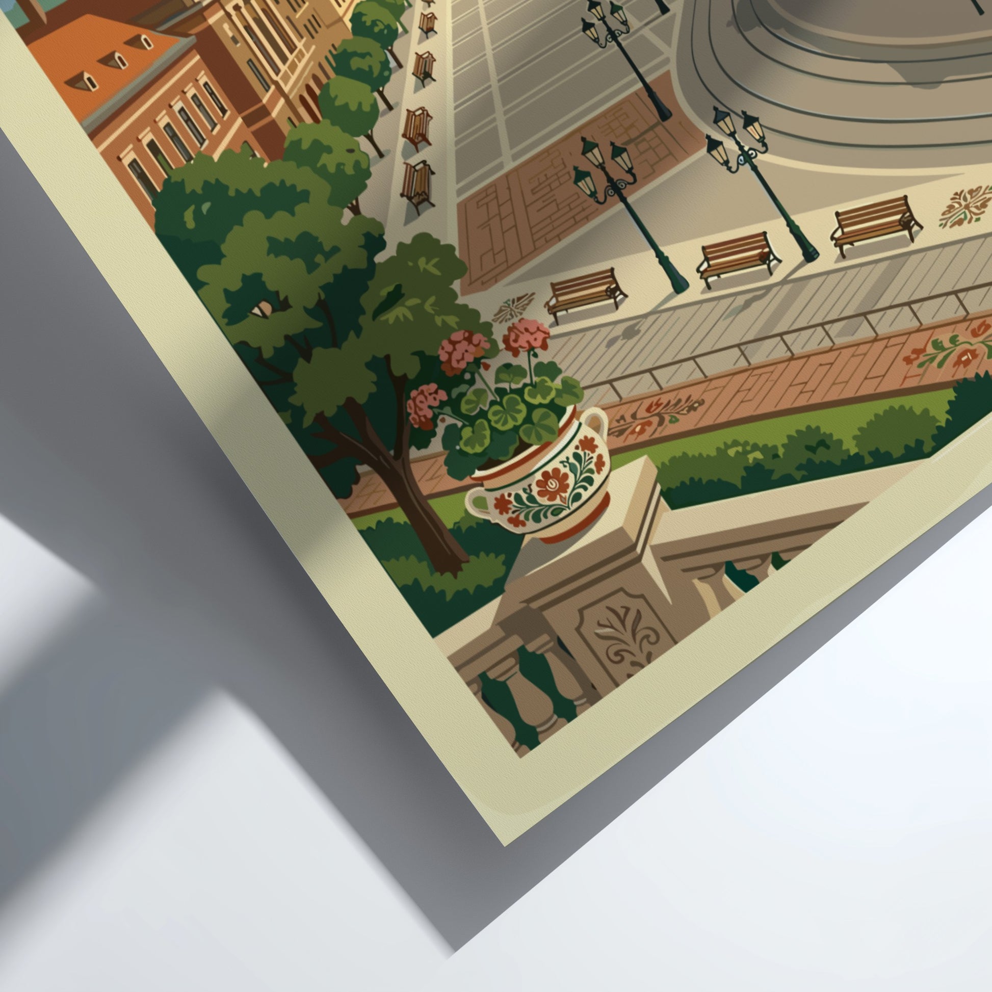 Vintage travel poster of Debrecen Square, Hungary, featuring the cathedral and European architecture in a