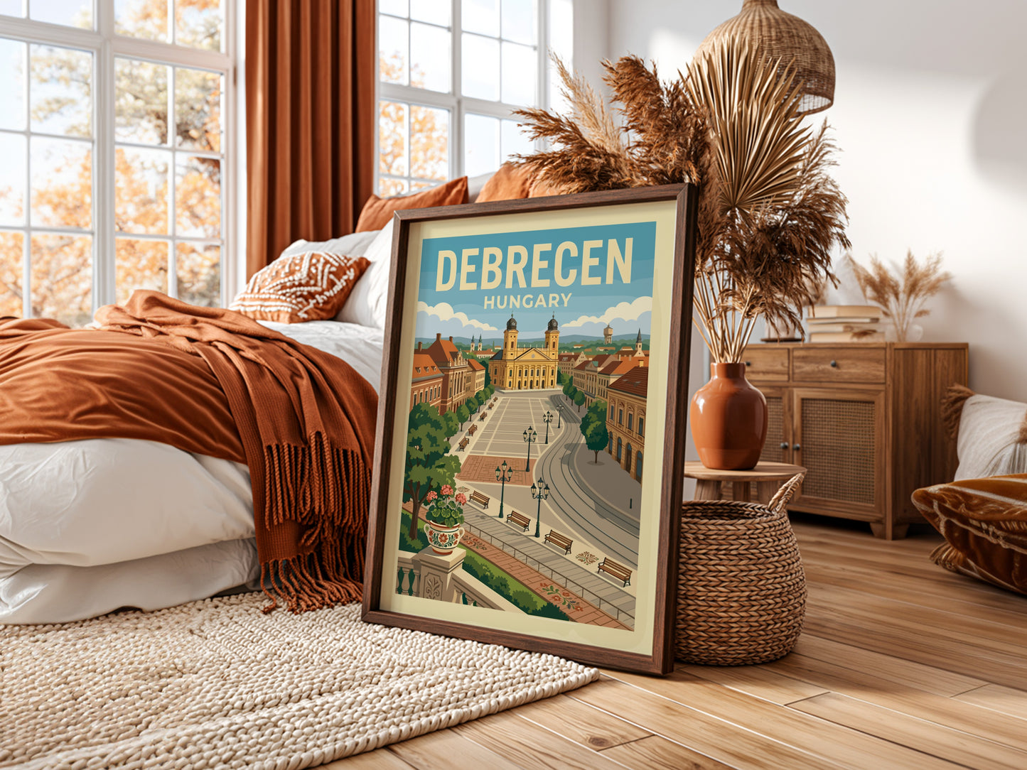 Vintage travel poster of Debrecen Square, Hungary, featuring the cathedral and European architecture in a