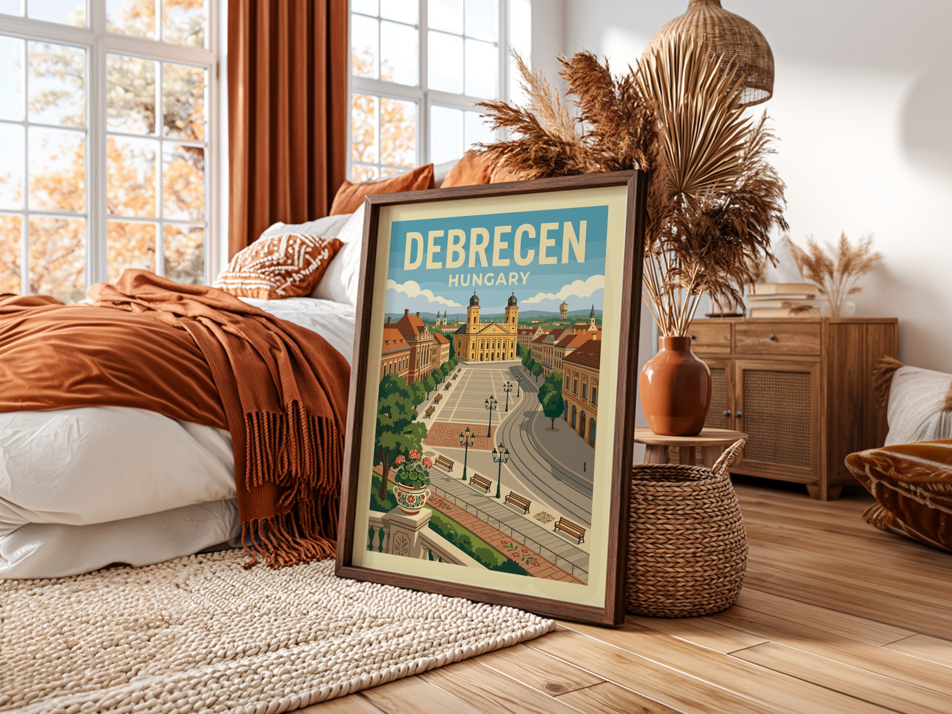 Vintage travel poster of Debrecen Square, Hungary, featuring the cathedral and European architecture in a