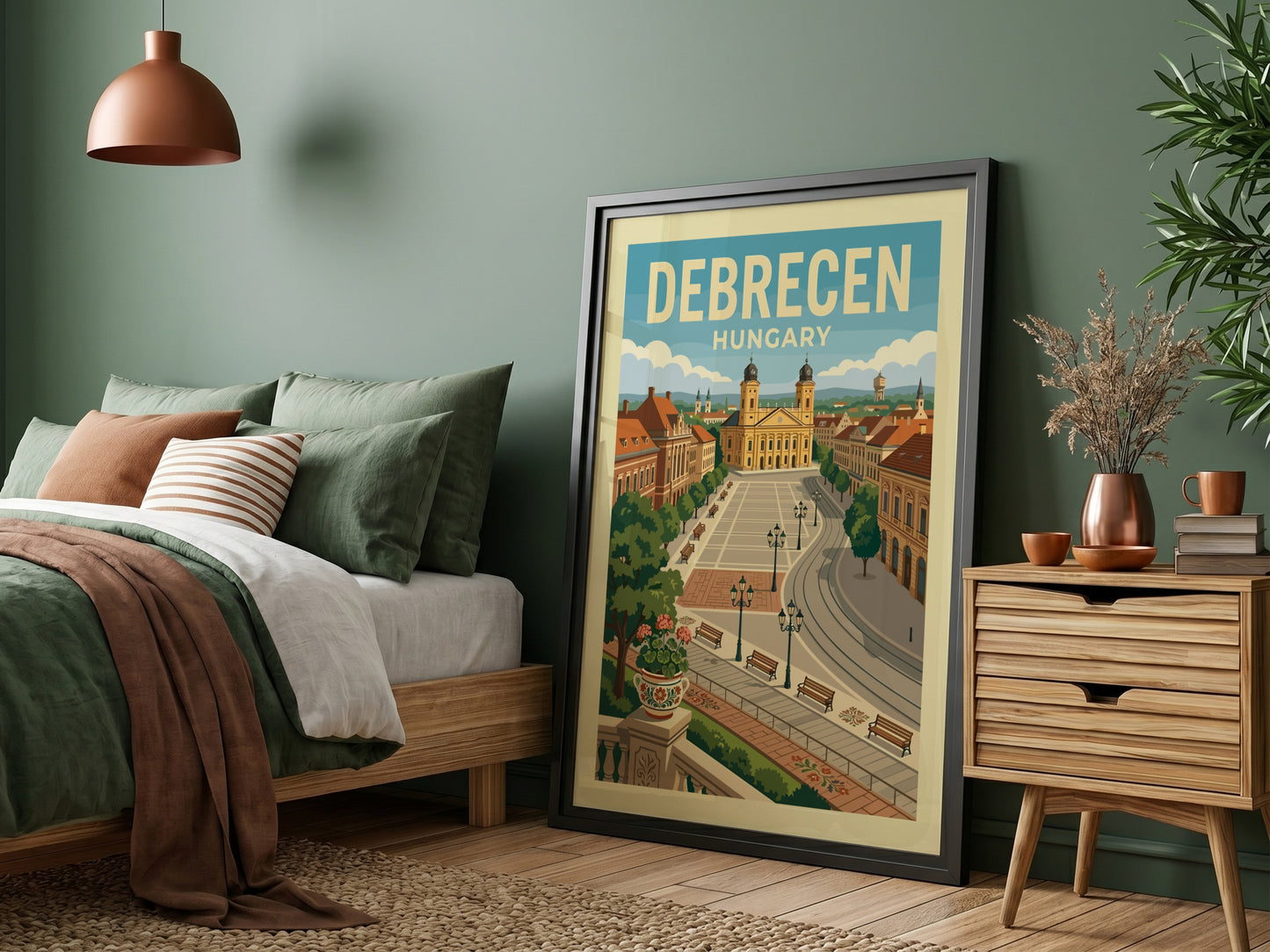 Vintage travel poster of Debrecen Square, Hungary, featuring the cathedral and European architecture in a