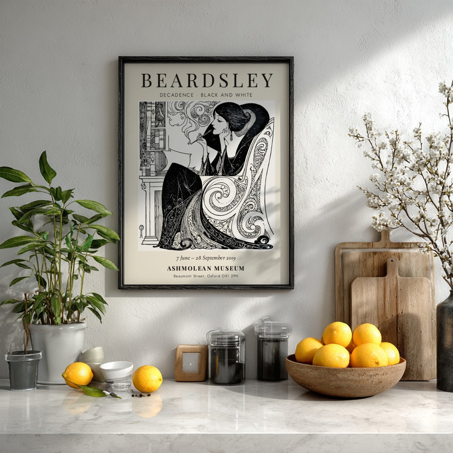 Aubrey Beardsley poster featuring Decadence in black and white with intricate line work and elegant design.