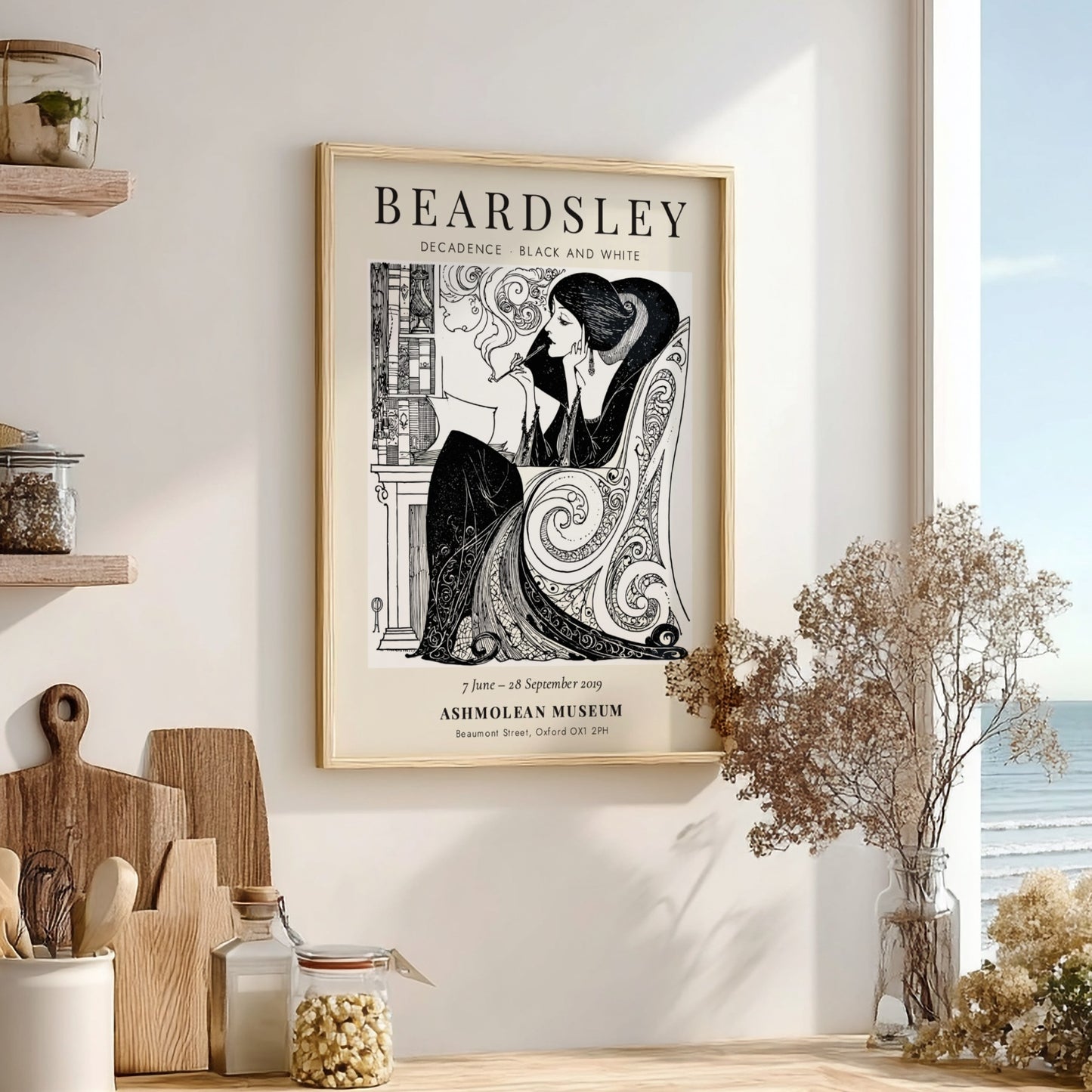 Aubrey Beardsley poster featuring Decadence in black and white with intricate line work and elegant design.
