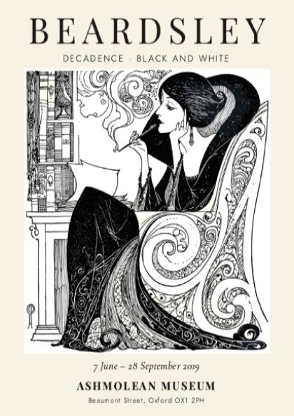 Aubrey Beardsley poster featuring Decadence in black and white with intricate line work and elegant design.