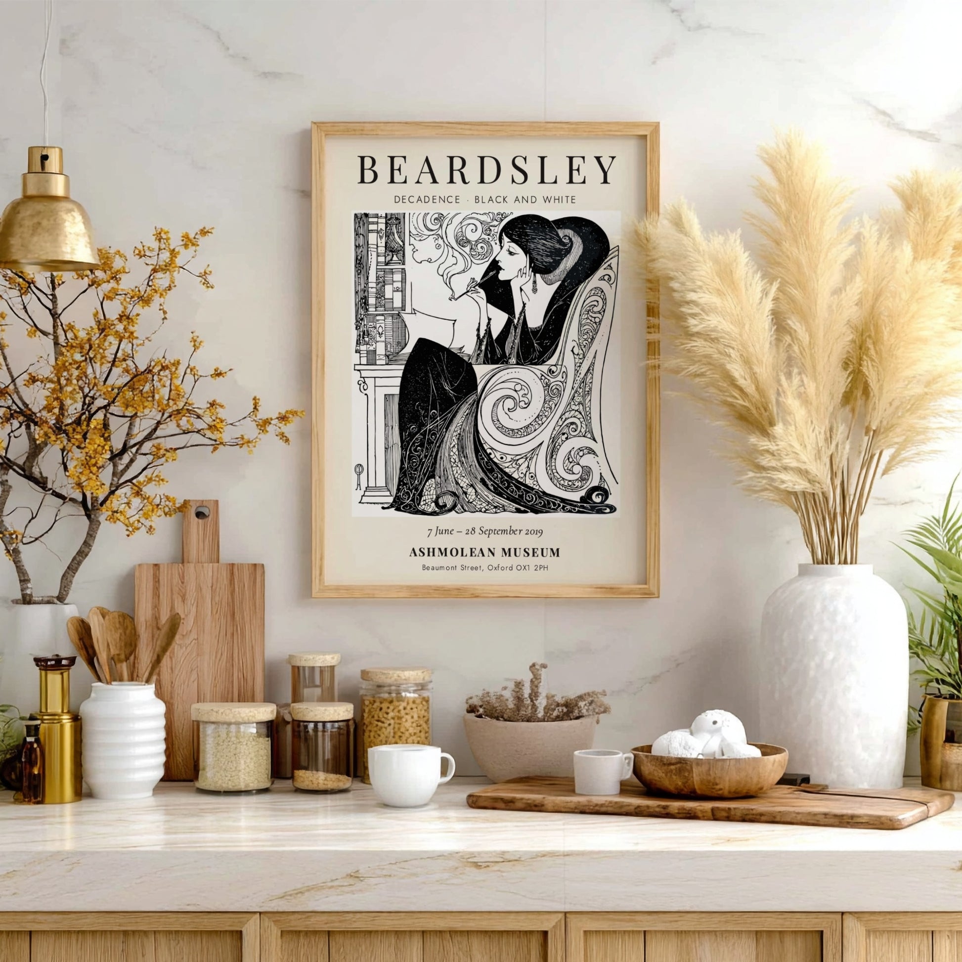 Aubrey Beardsley poster featuring Decadence in black and white with intricate line work and elegant design.