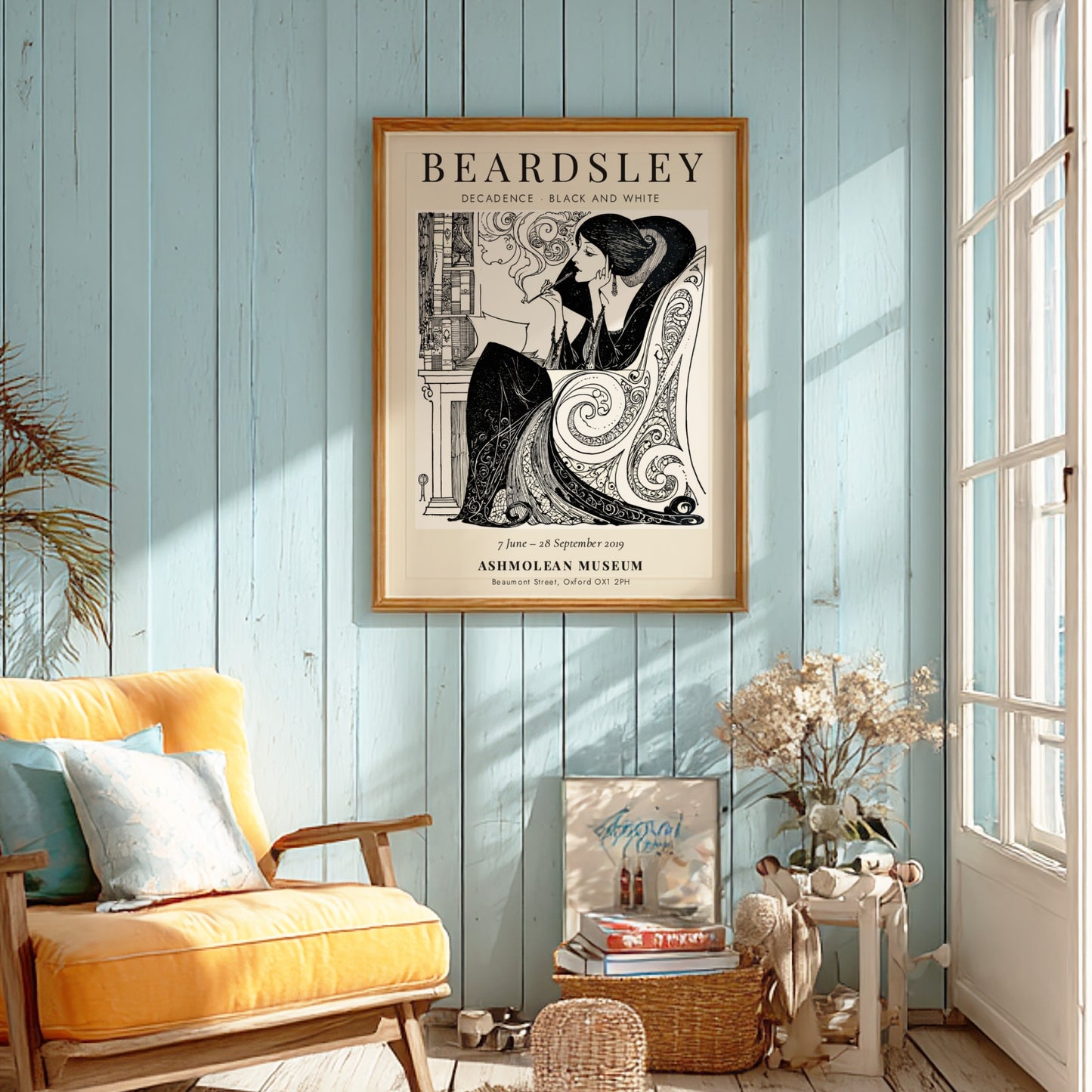 Aubrey Beardsley poster featuring Decadence in black and white with intricate line work and elegant design.
