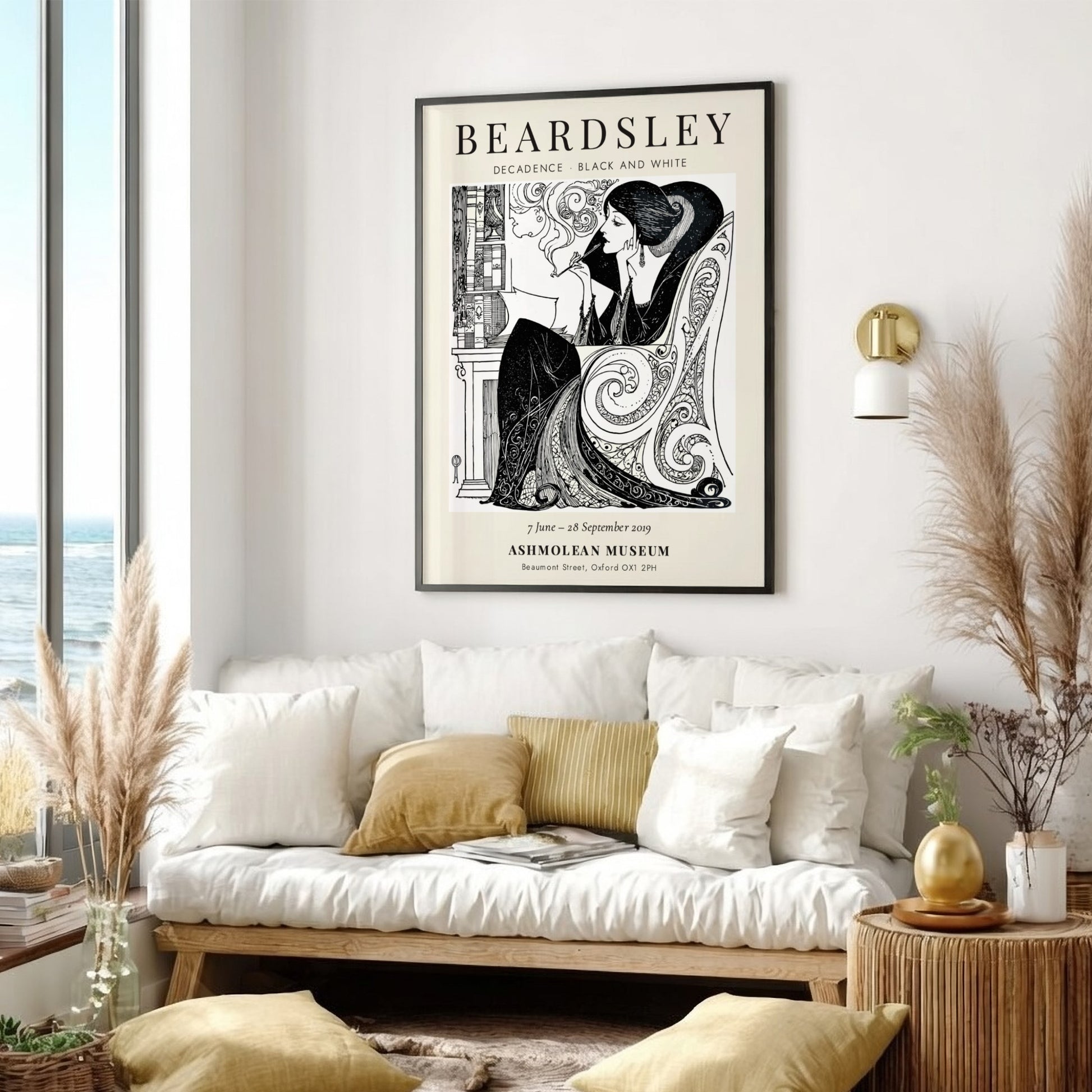 Aubrey Beardsley poster featuring Decadence in black and white with intricate line work and elegant design.