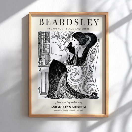 Aubrey Beardsley poster featuring Decadence in black and white with intricate line work and elegant design.