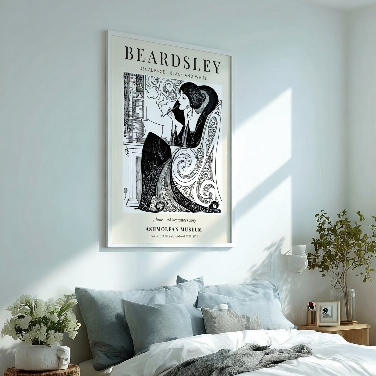 Aubrey Beardsley poster featuring Decadence in black and white with intricate line work and elegant design.