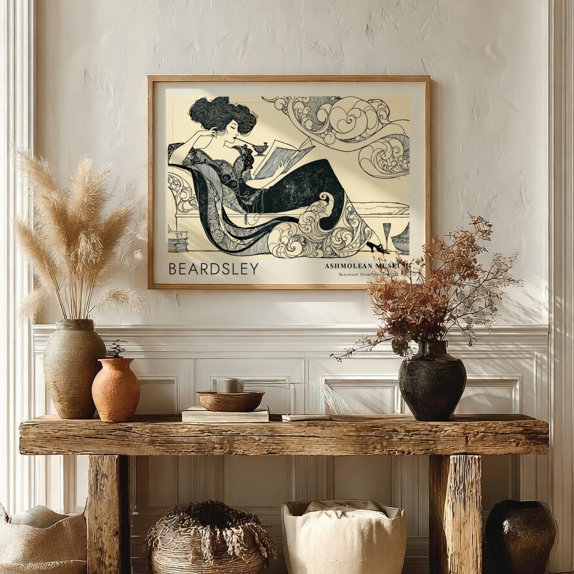 Wall art poster featuring Aubrey Beardsley Decadence illustration on a cream background framed.