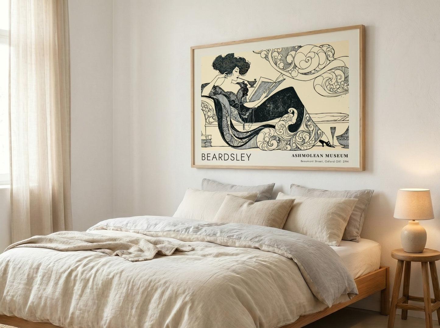 Wall art poster featuring Aubrey Beardsley Decadence illustration on a cream background framed.