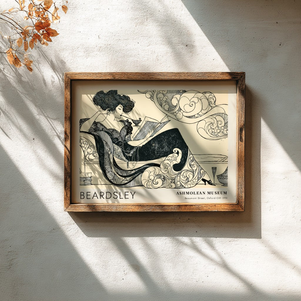 Wall art poster featuring Aubrey Beardsley Decadence illustration on a cream background framed.
