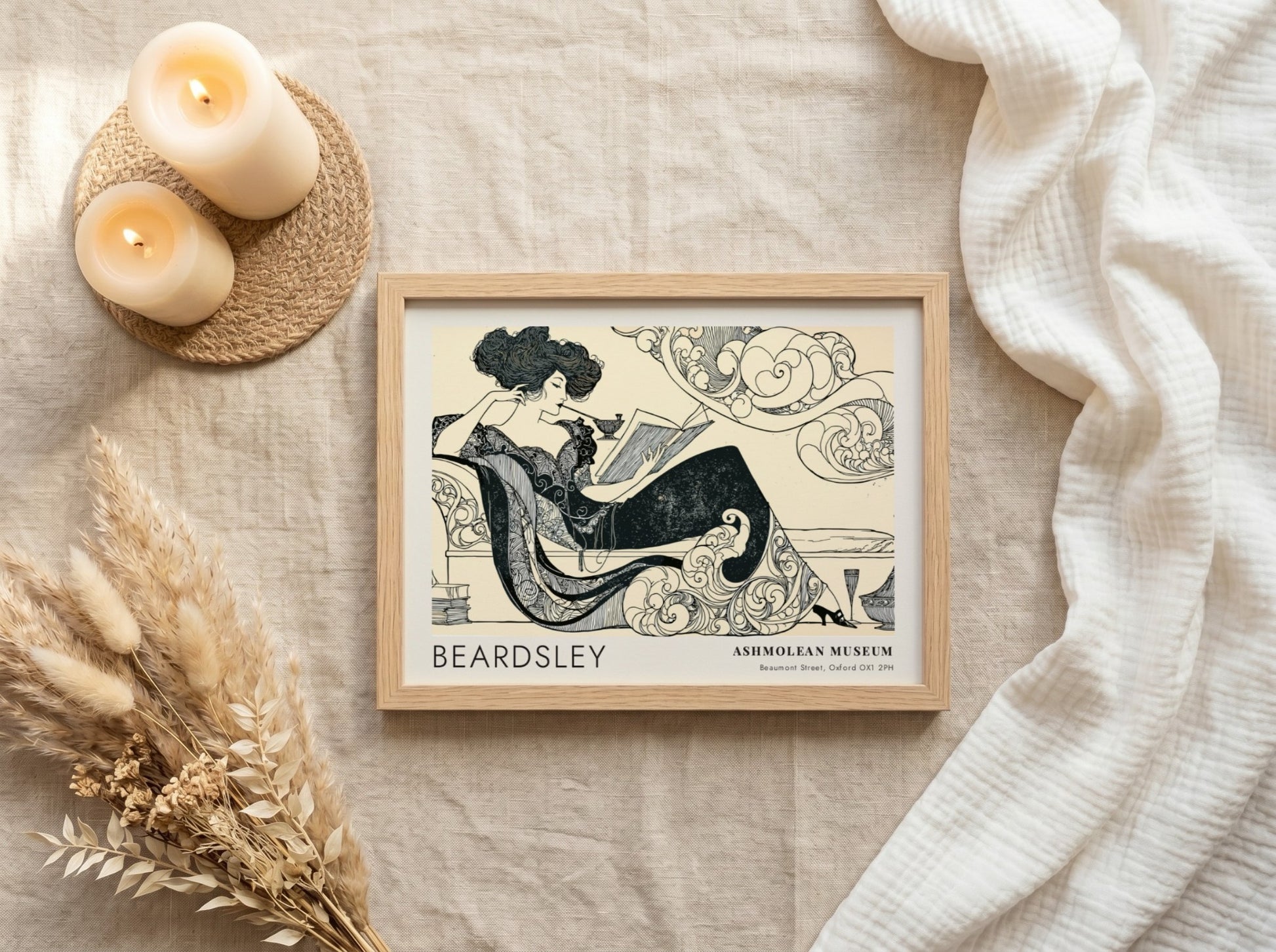 Wall art poster featuring Aubrey Beardsley Decadence illustration on a cream background framed.