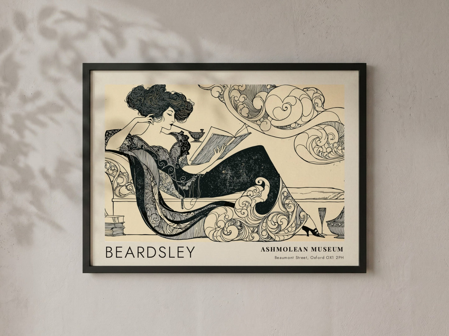 Wall art poster featuring Aubrey Beardsley Decadence illustration on a cream background framed.