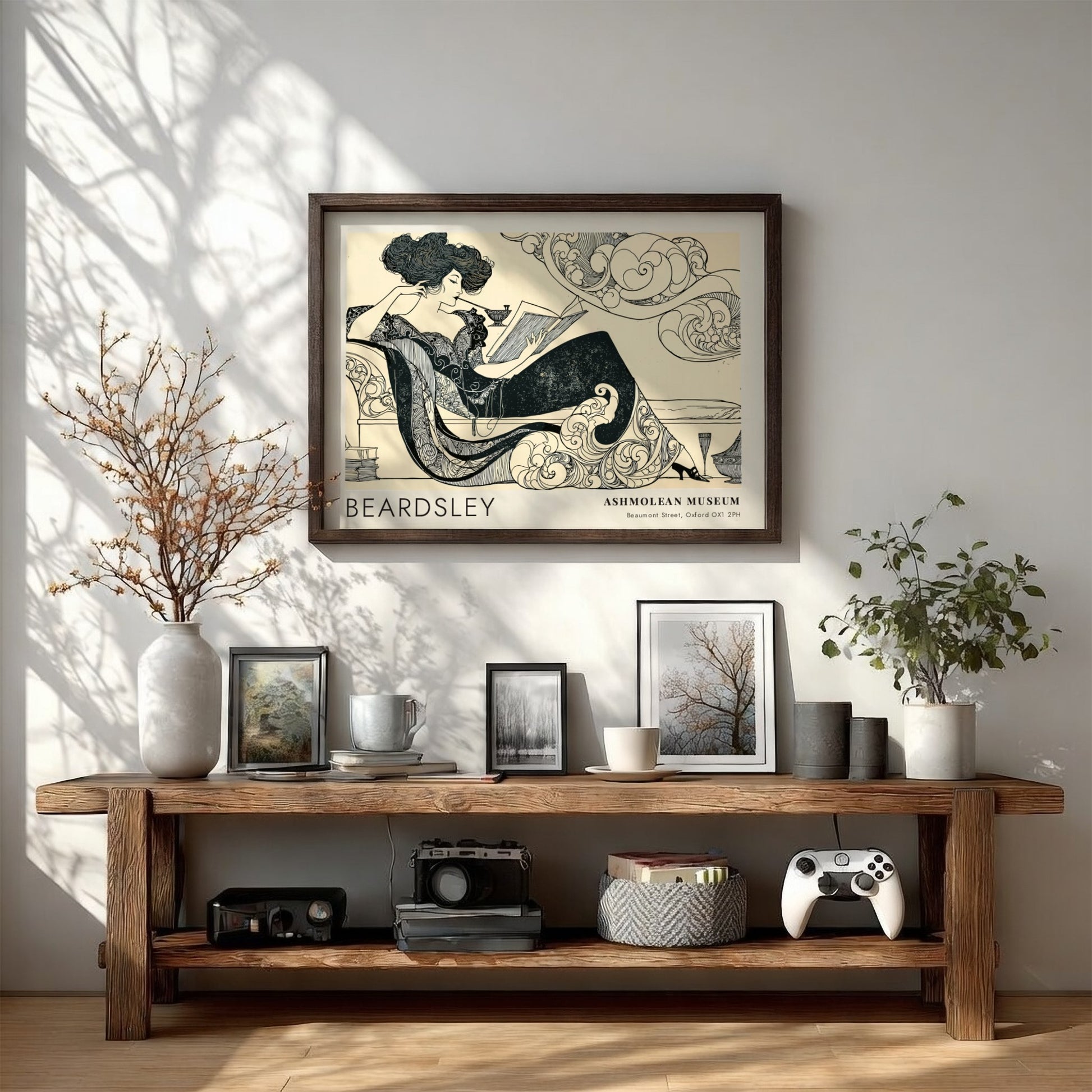 Wall art poster featuring Aubrey Beardsley Decadence illustration on a cream background framed.
