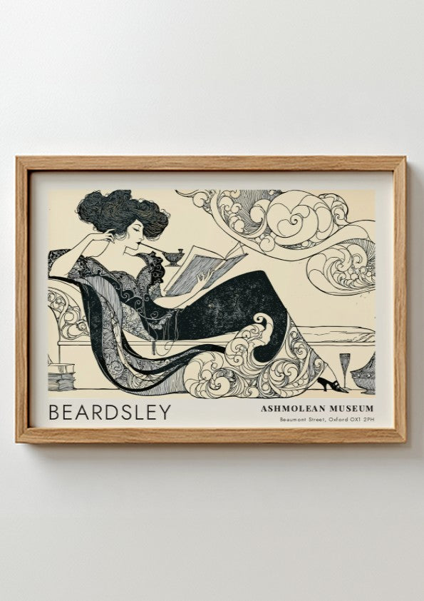 Wall art poster featuring Aubrey Beardsley Decadence illustration on a cream background framed.