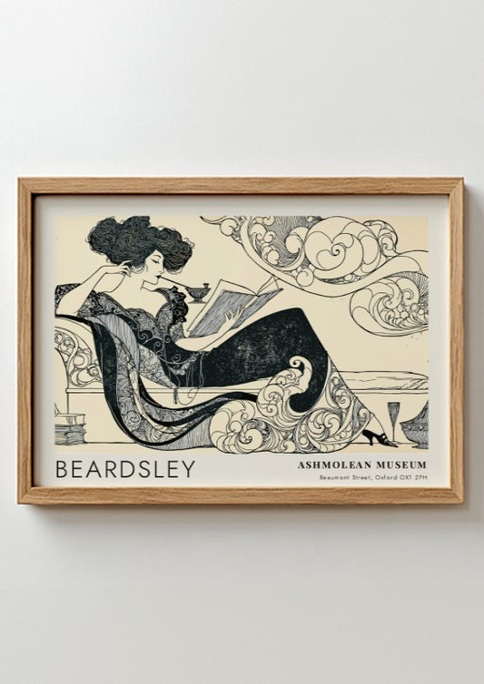 Wall art poster featuring Aubrey Beardsley Decadence illustration on a cream background framed.