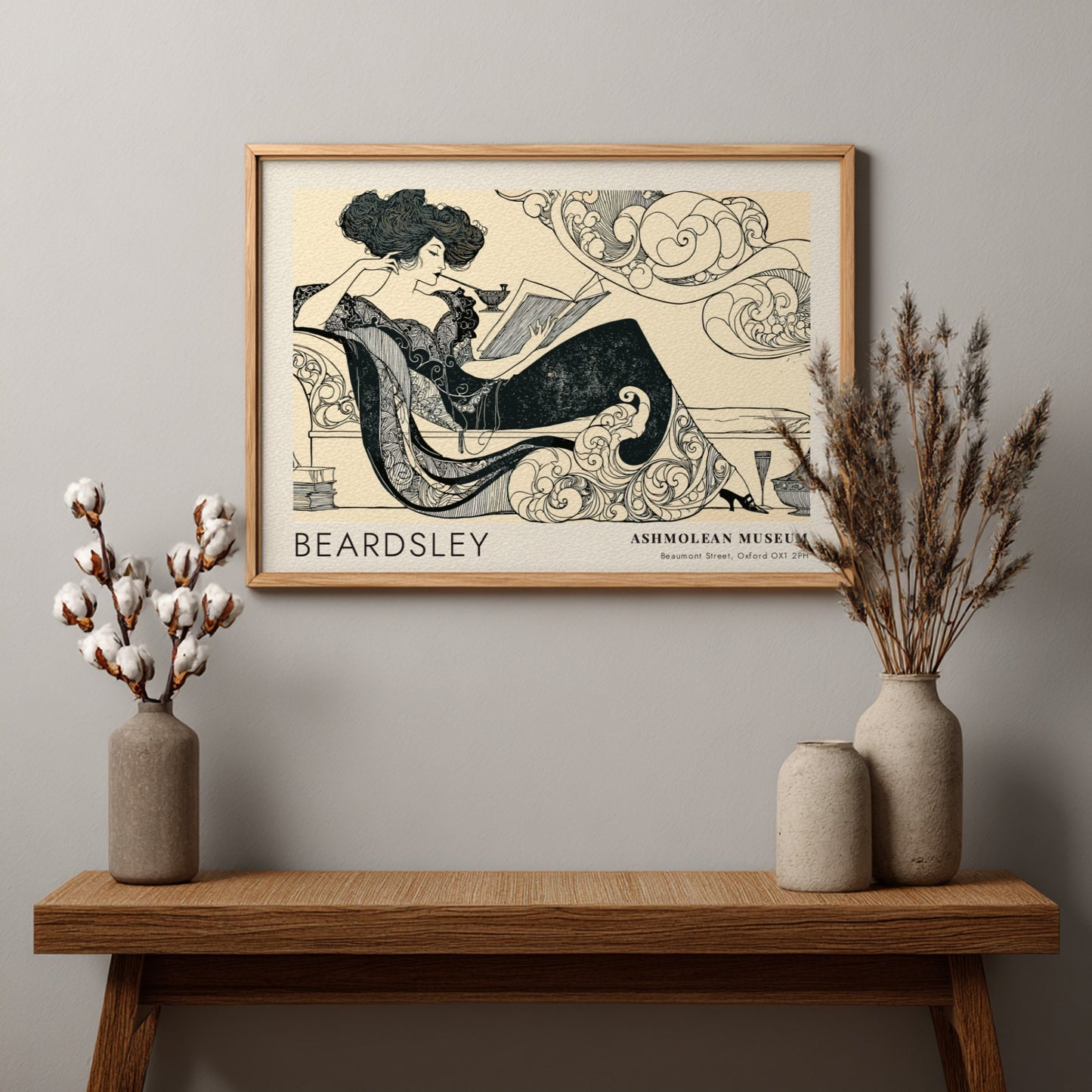 Wall art poster featuring Aubrey Beardsley Decadence illustration on a cream background framed.