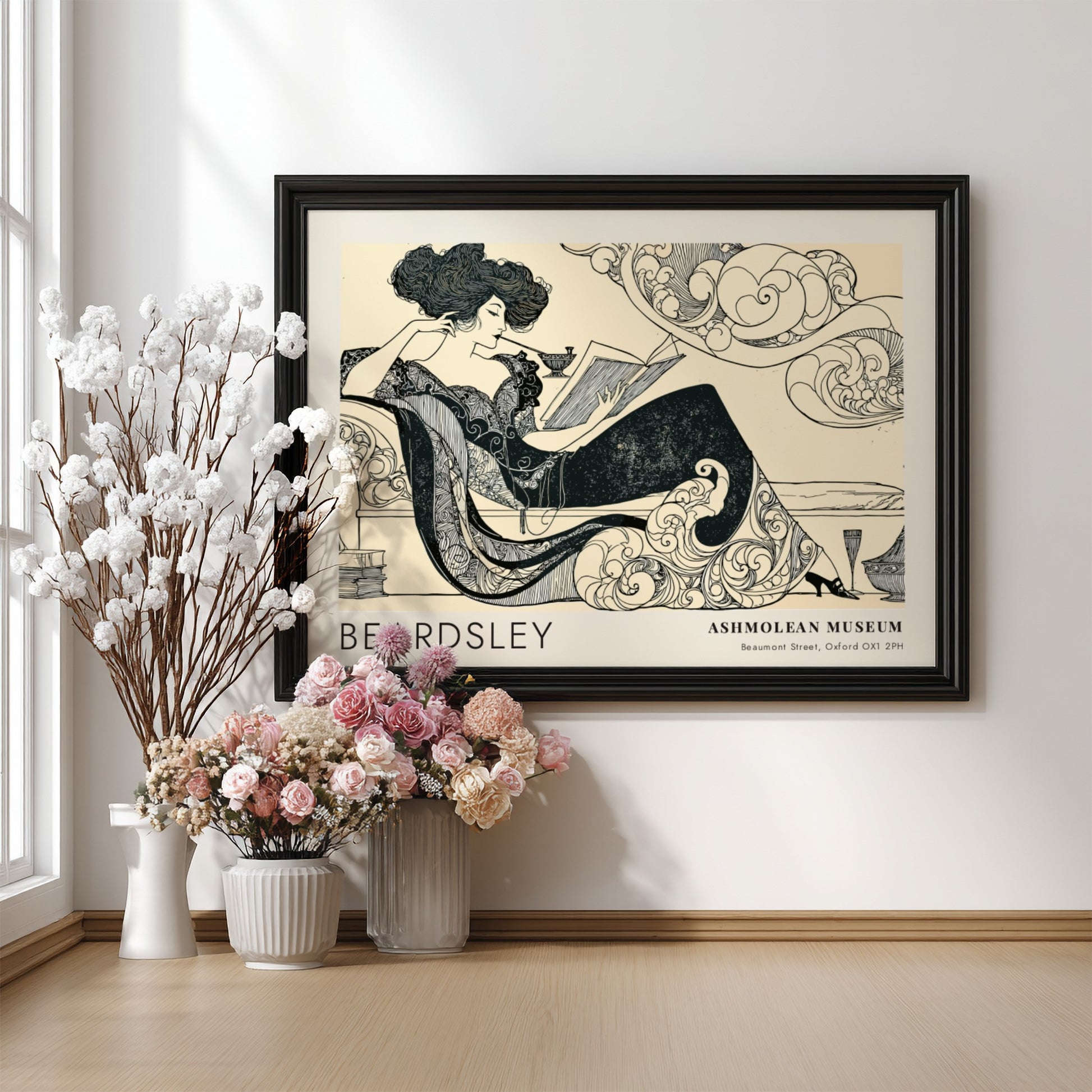 Wall art poster featuring Aubrey Beardsley Decadence illustration on a cream background framed.