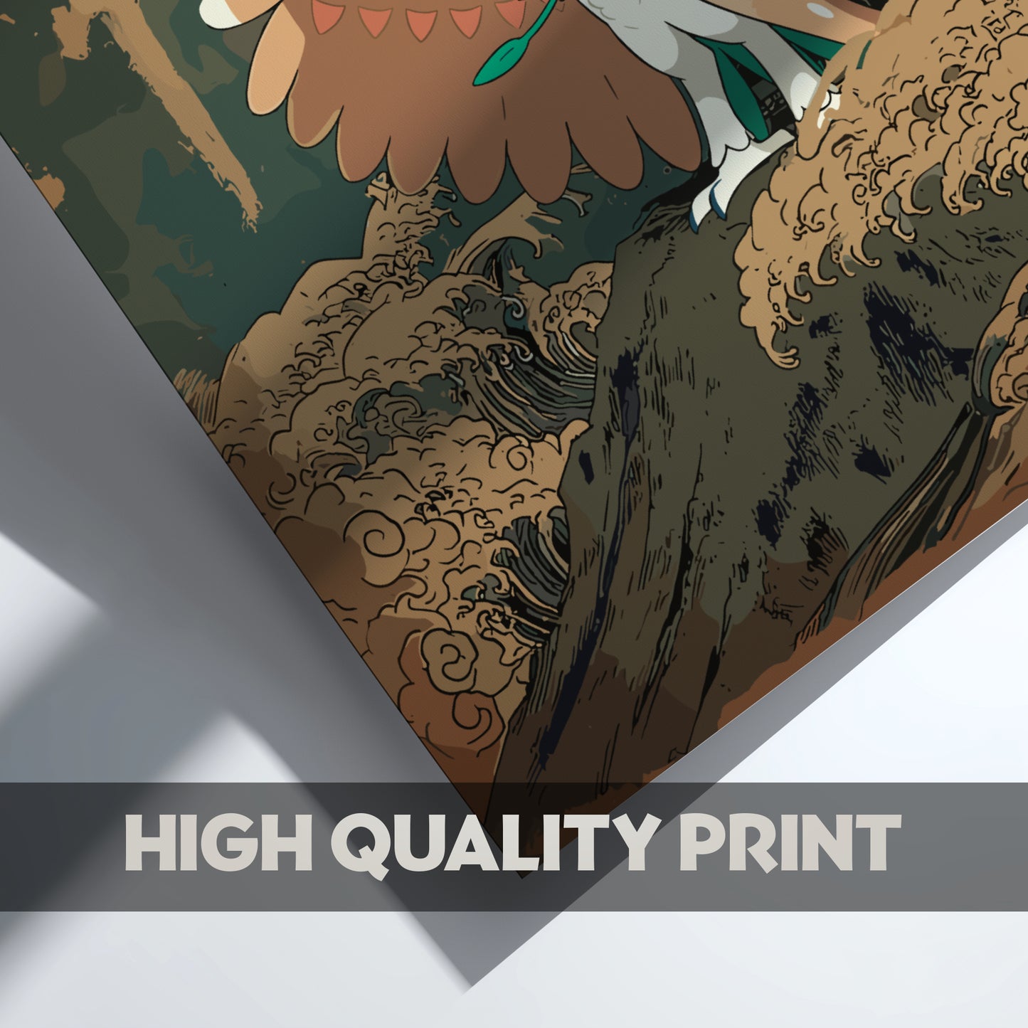 Artistic depiction of a wave and Decidueye Pokemon with 'High Quality Print' text overlay.