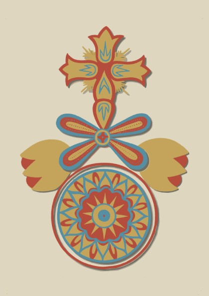 Decorative Art of Spanish California poster with cross, floral, and mandala motifs in red, yellow, and blue.