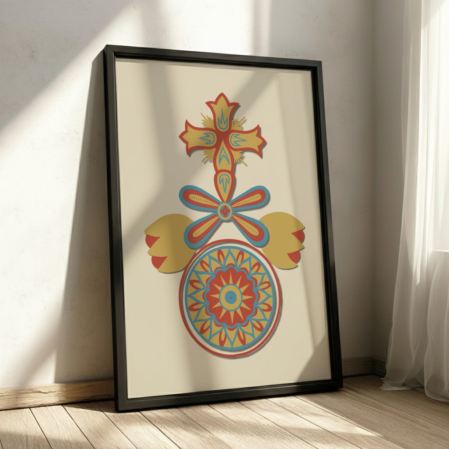 Decorative Art of Spanish California poster with cross, floral, and mandala motifs in red, yellow, and blue.
