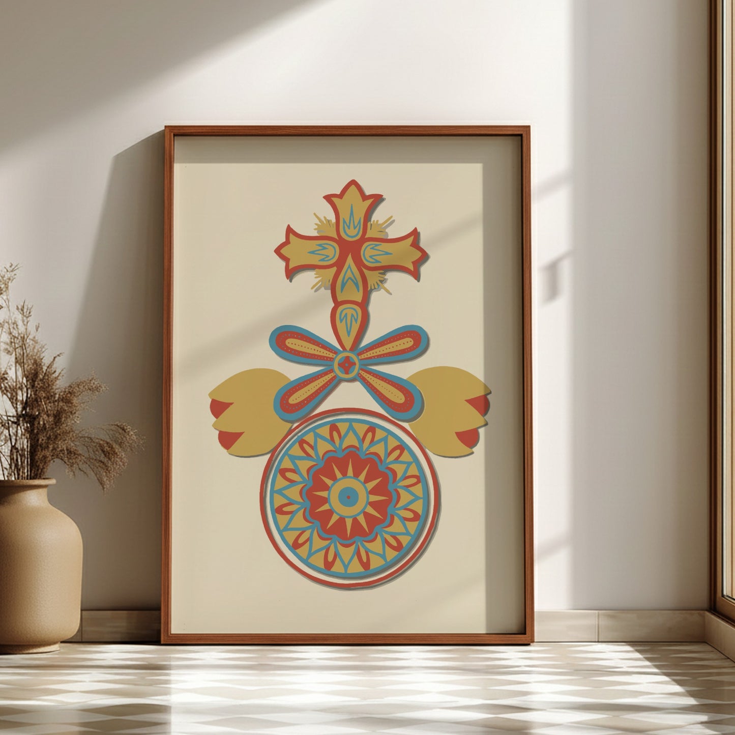 Decorative Art of Spanish California poster with cross, floral, and mandala motifs in red, yellow, and blue.