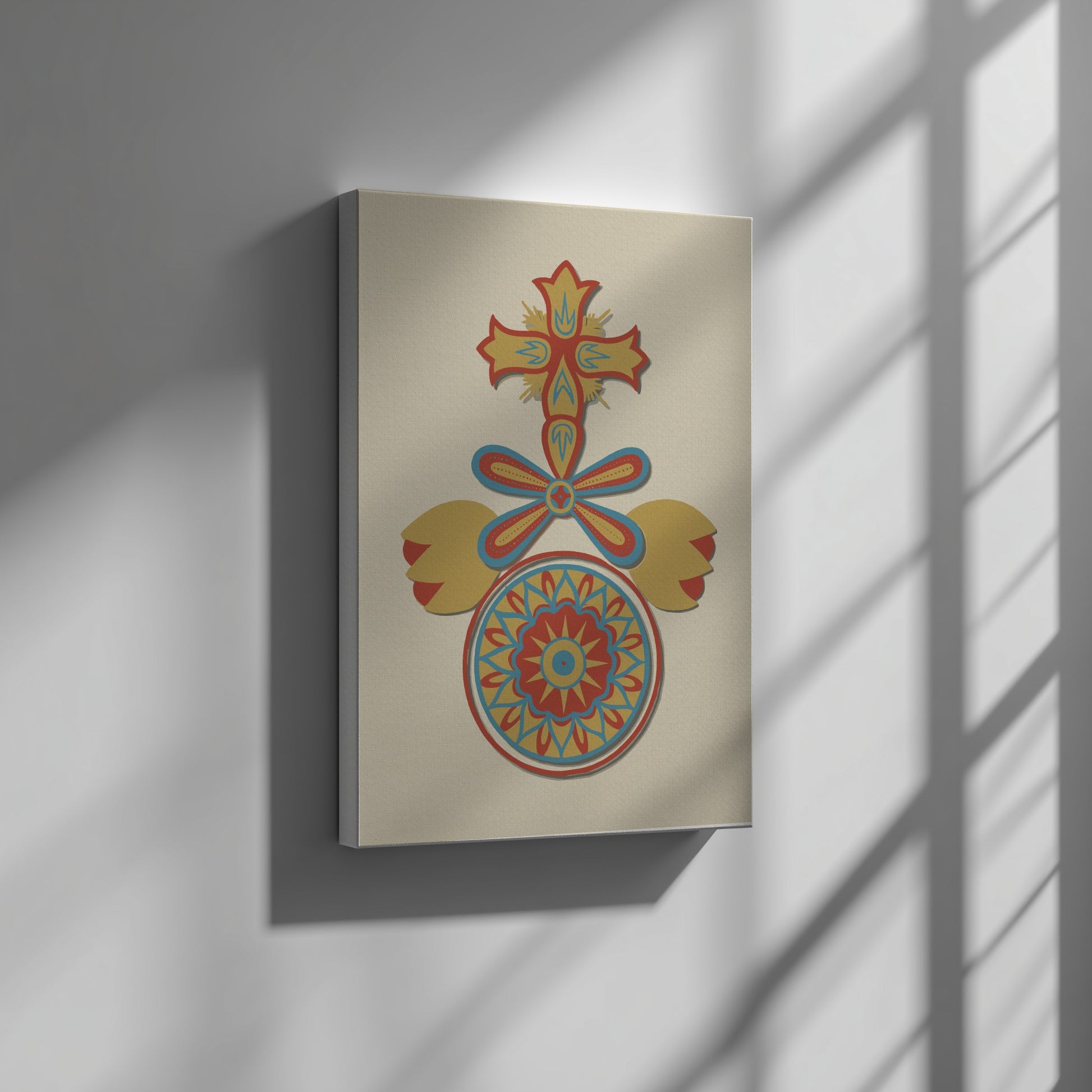 Decorative Art of Spanish California poster with cross, floral, and mandala motifs in red, yellow, and blue.