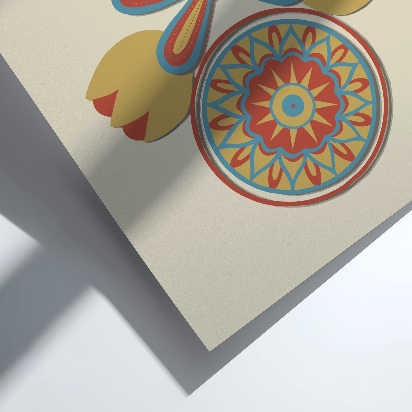 Decorative Art of Spanish California poster with cross, floral, and mandala motifs in red, yellow, and blue.