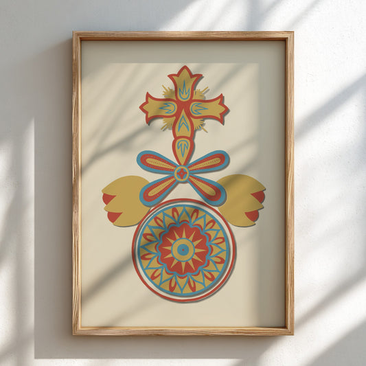 Decorative Art of Spanish California poster with cross, floral, and mandala motifs in red, yellow, and blue.