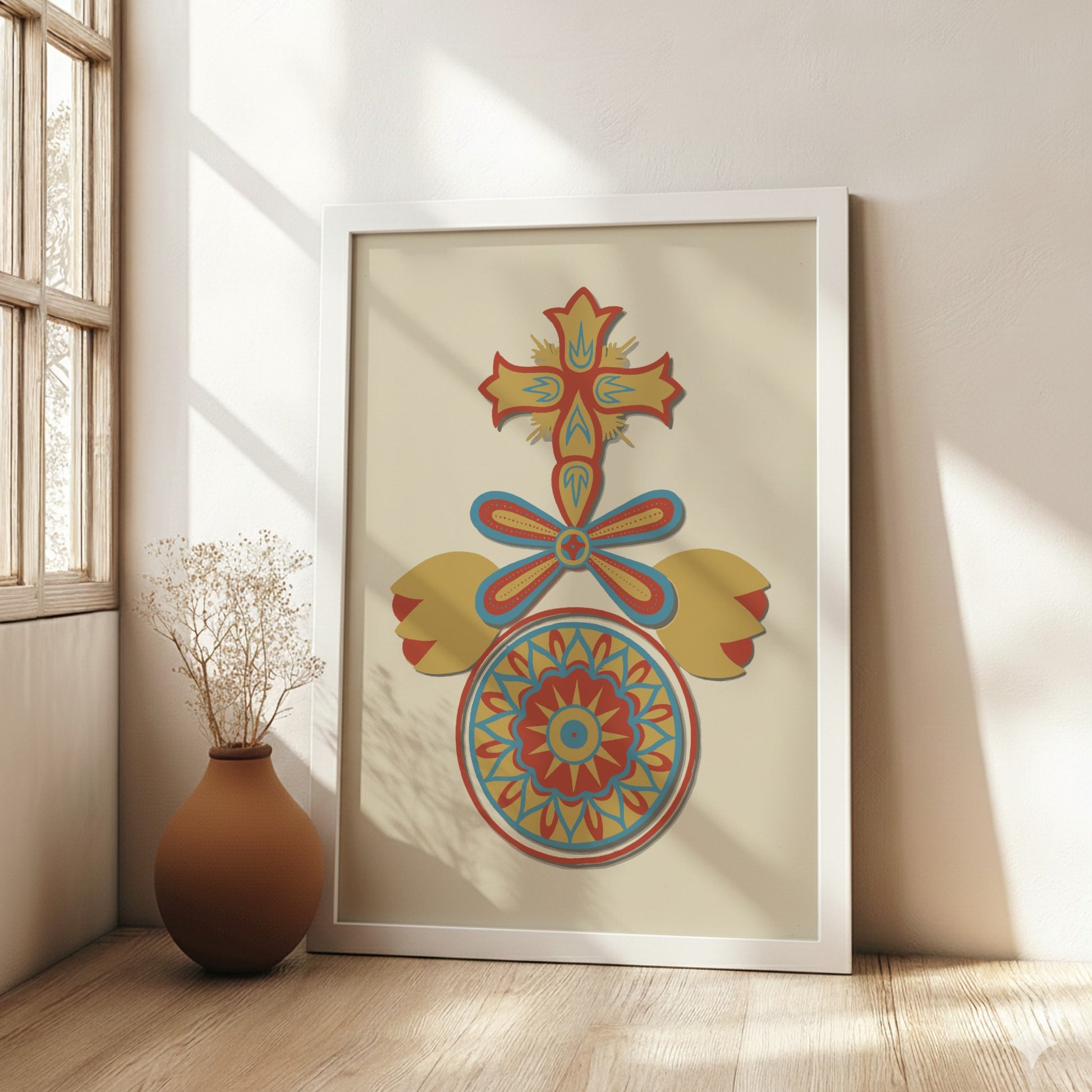 Decorative Art of Spanish California poster with cross, floral, and mandala motifs in red, yellow, and blue.