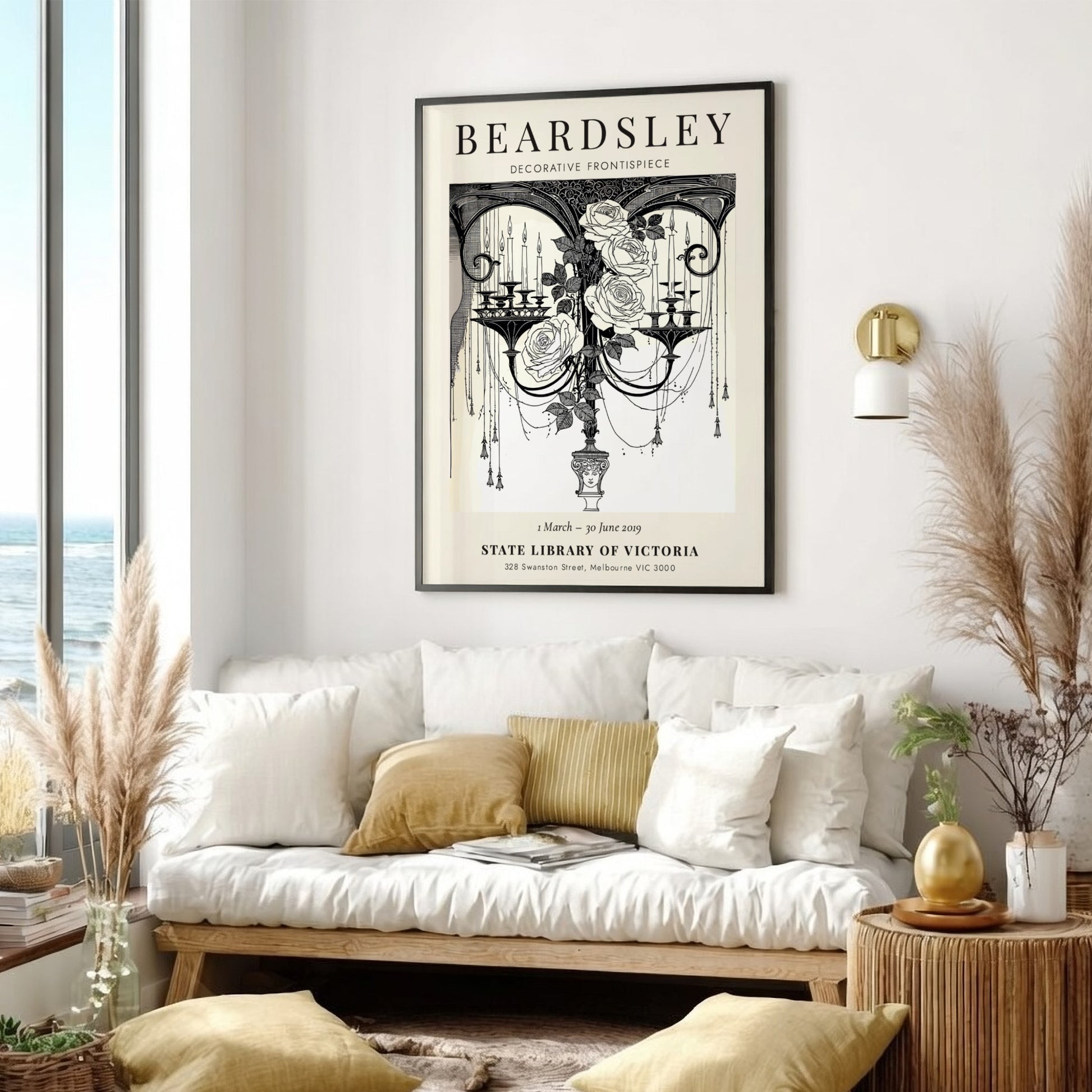 Aubrey Beardsley poster featuring decorative frontispiece with roses and candles in monochrome style
